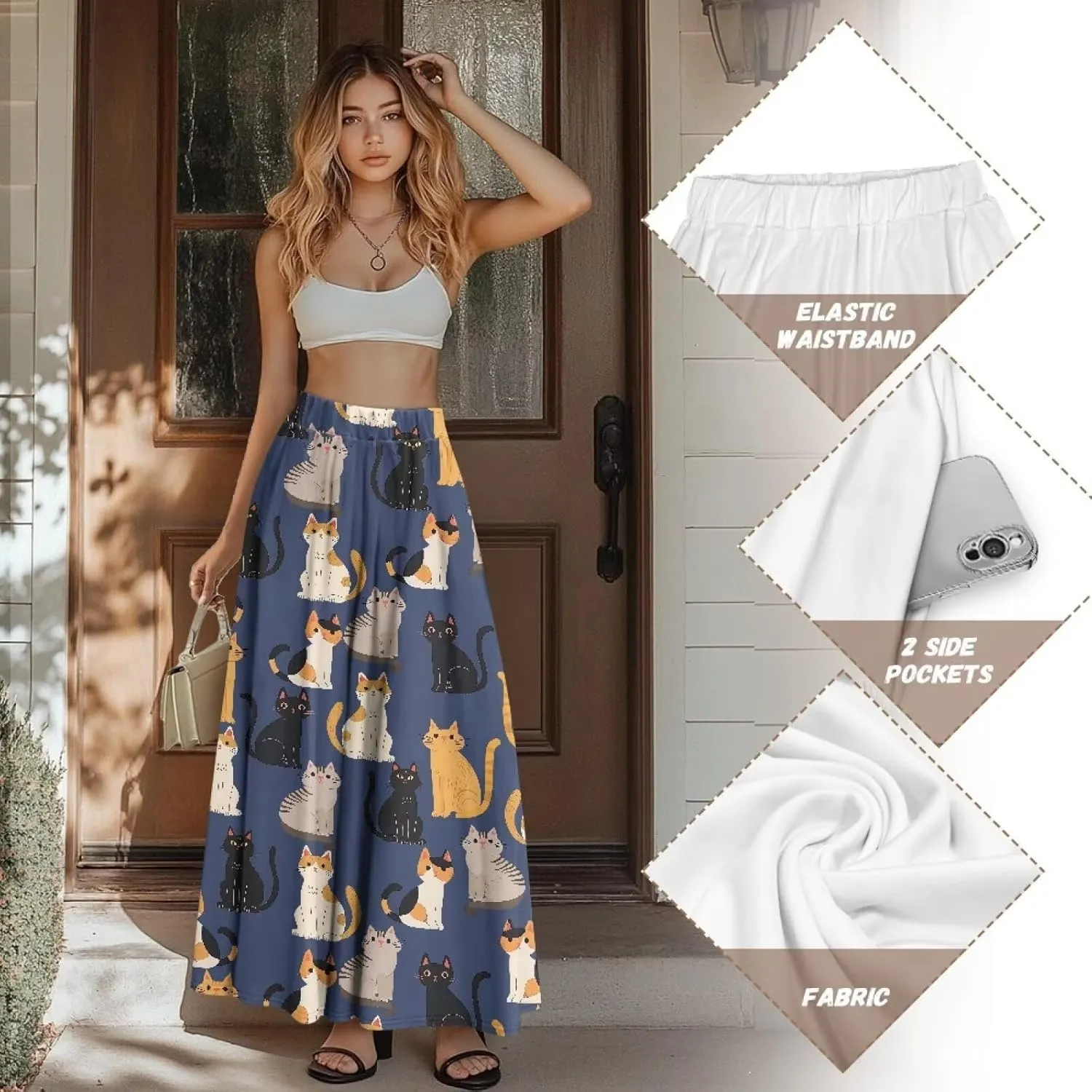 Long Maxi Skirts for Women High Waisted Ruched Skirts with Pockets Breathable Boho Clothes for Ladies S-2XL