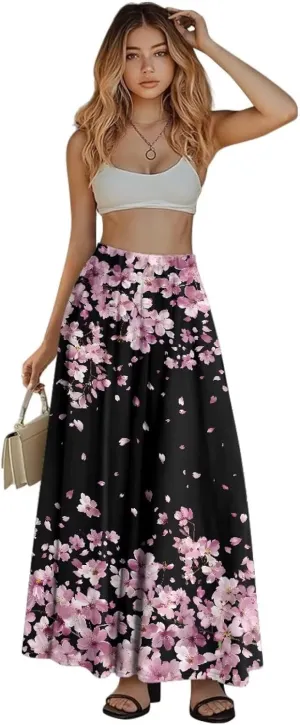 Long Maxi Skirts for Women High Waisted Ruched Skirts with Pockets Breathable Boho Clothes for Ladies S-2XL