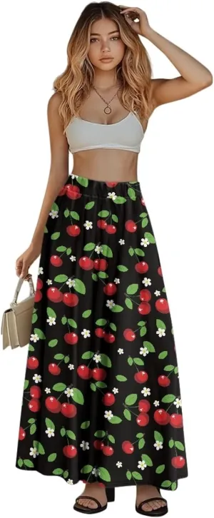 Long Maxi Skirts for Women High Waisted Ruched Skirts with Pockets Breathable Boho Clothes for Ladies S-2XL