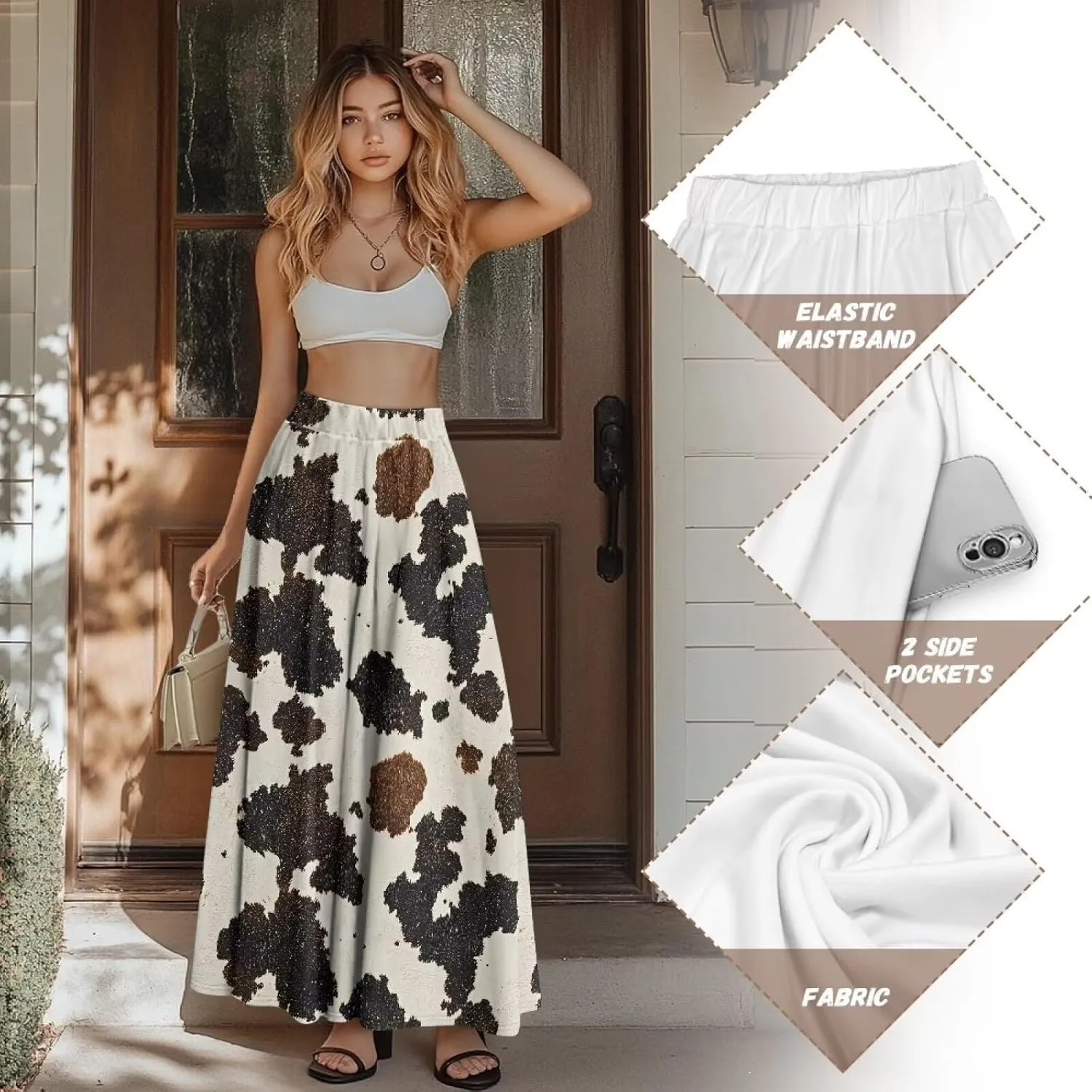 Long Maxi Skirts for Women High Waisted Ruched Skirts with Pockets Breathable Boho Clothes for Ladies S-2XL