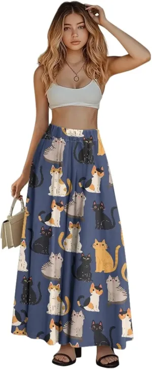 Long Maxi Skirts for Women High Waisted Ruched Skirts with Pockets Breathable Boho Clothes for Ladies S-2XL