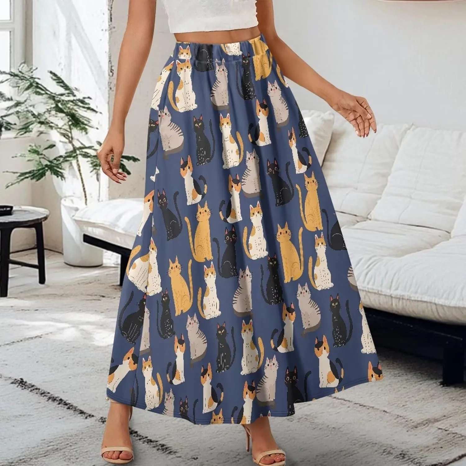 Long Maxi Skirts for Women High Waisted Ruched Skirts with Pockets Breathable Boho Clothes for Ladies S-2XL