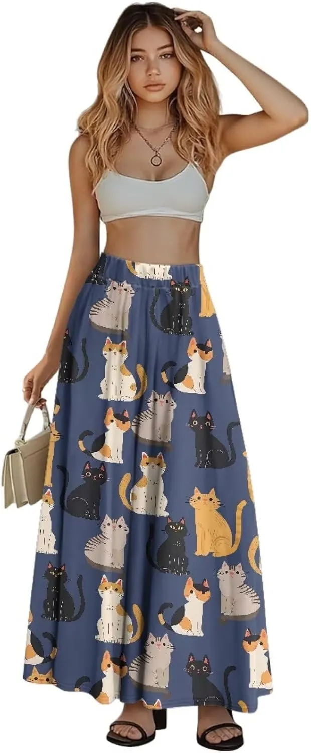 Long Maxi Skirts for Women High Waisted Ruched Skirts with Pockets Breathable Boho Clothes for Ladies S-2XL