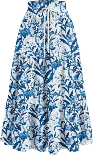 Long Skirts for Women Elastic High Waisted Tiered Ruffle Long Floral Skirts Summer Trendy Boho Flowy Skirt with Pockets