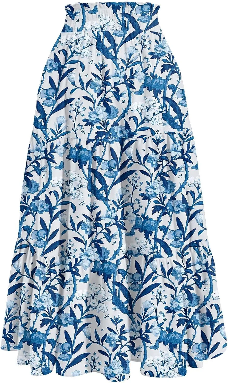 Long Skirts for Women Elastic High Waisted Tiered Ruffle Long Floral Skirts Summer Trendy Boho Flowy Skirt with Pockets