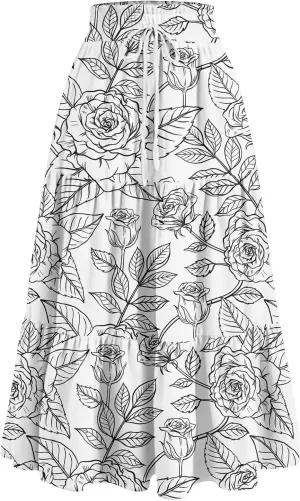 Long Skirts for Women Elastic High Waisted Tiered Ruffle Long Floral Skirts Summer Trendy Boho Flowy Skirt with Pockets
