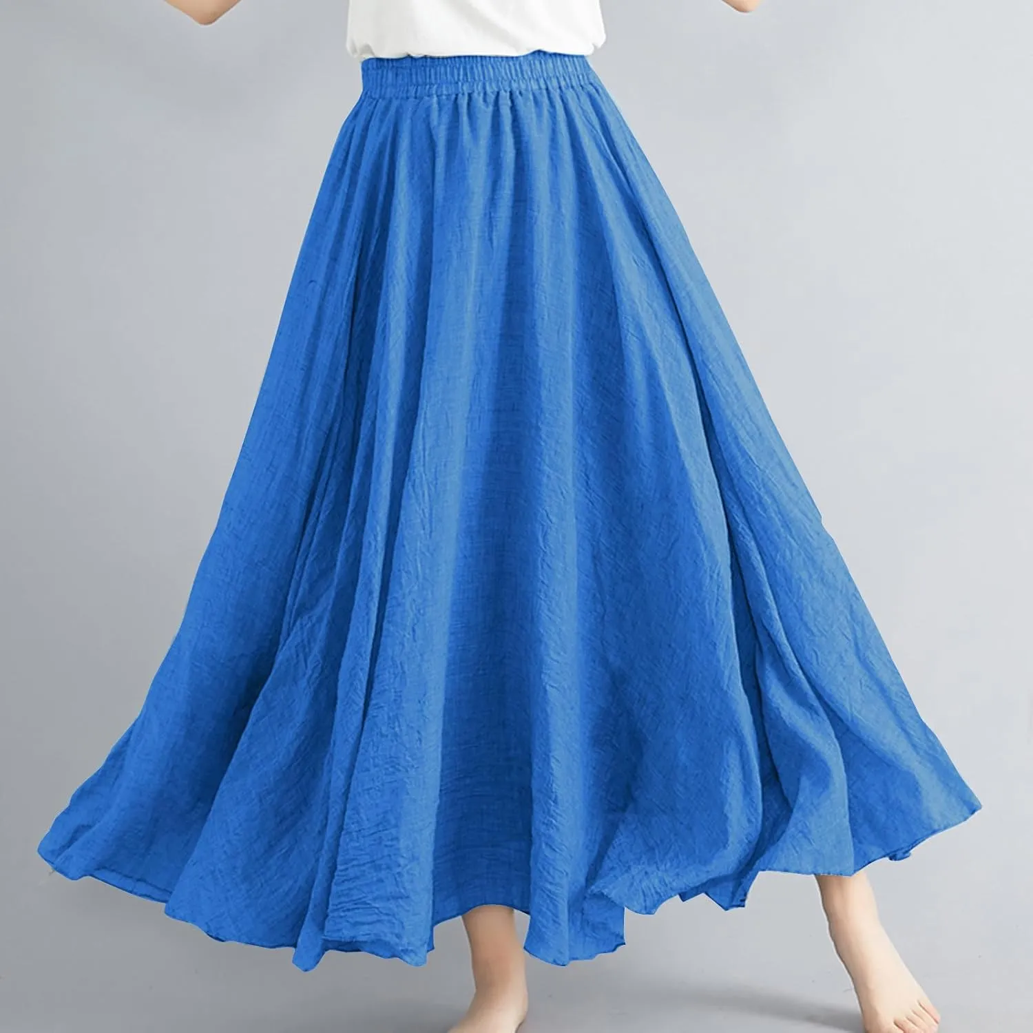 Long Skirts for Women Trendy Vacation Soft Flowy Beach Linen Maxi Skirt Full Length Elastic High Waisted Boho Skirt