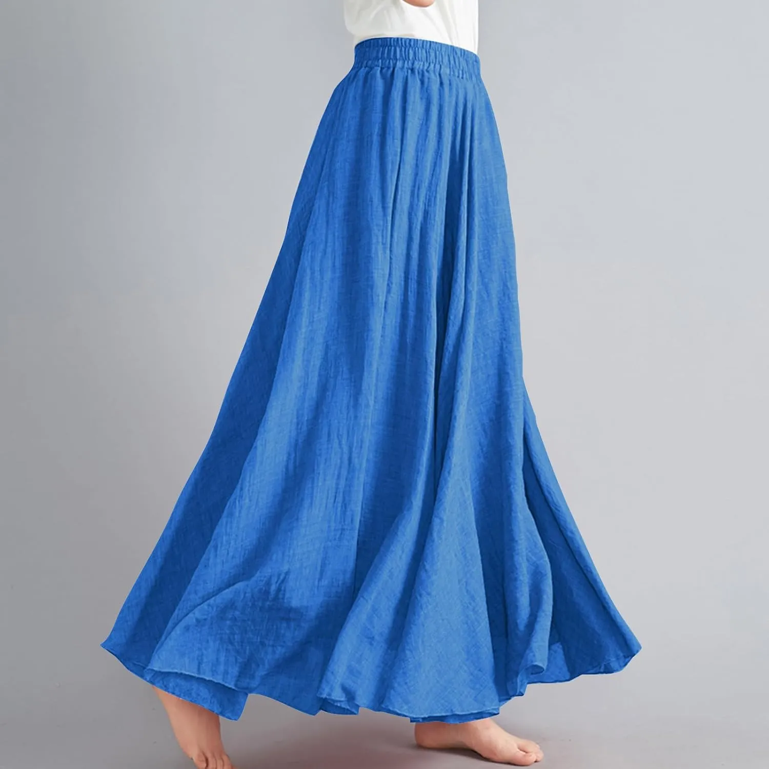 Long Skirts for Women Trendy Vacation Soft Flowy Beach Linen Maxi Skirt Full Length Elastic High Waisted Boho Skirt
