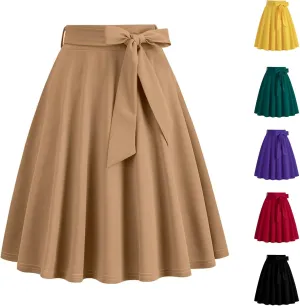 Long Skirts for Women Trendy Vintage Flare Skirt Midi Length Casual Soft High Waisted Bow A Line Summer Skirts