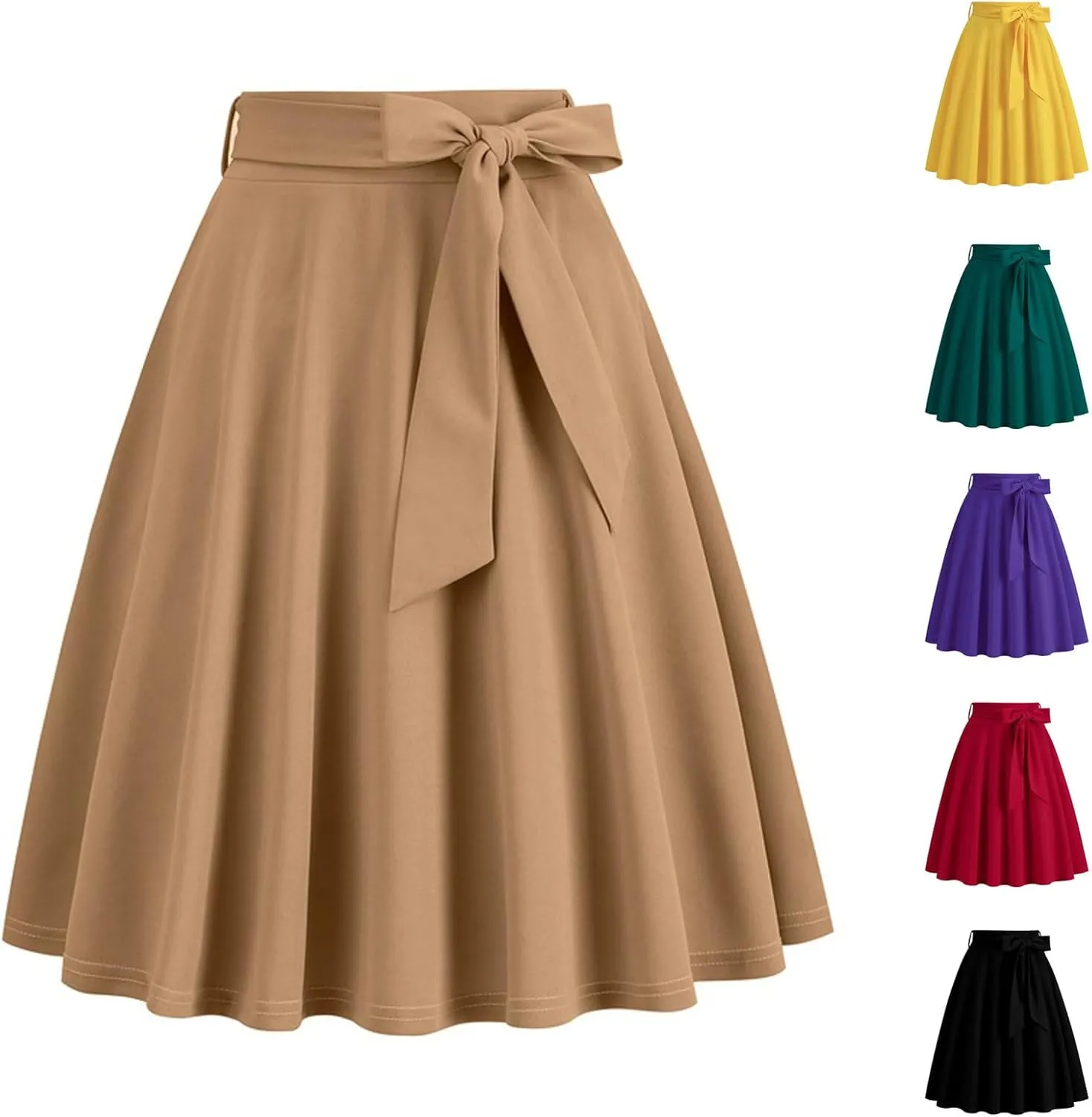 Long Skirts for Women Trendy Vintage Flare Skirt Midi Length Casual Soft High Waisted Bow A Line Summer Skirts