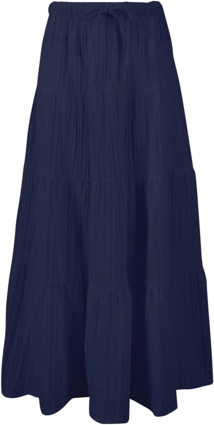 Maxi Skirt for Women Summer Elegant Trendy Drawstring High Waist Flowy Boho Pleated Tiered A Line Beach Long Skirts
