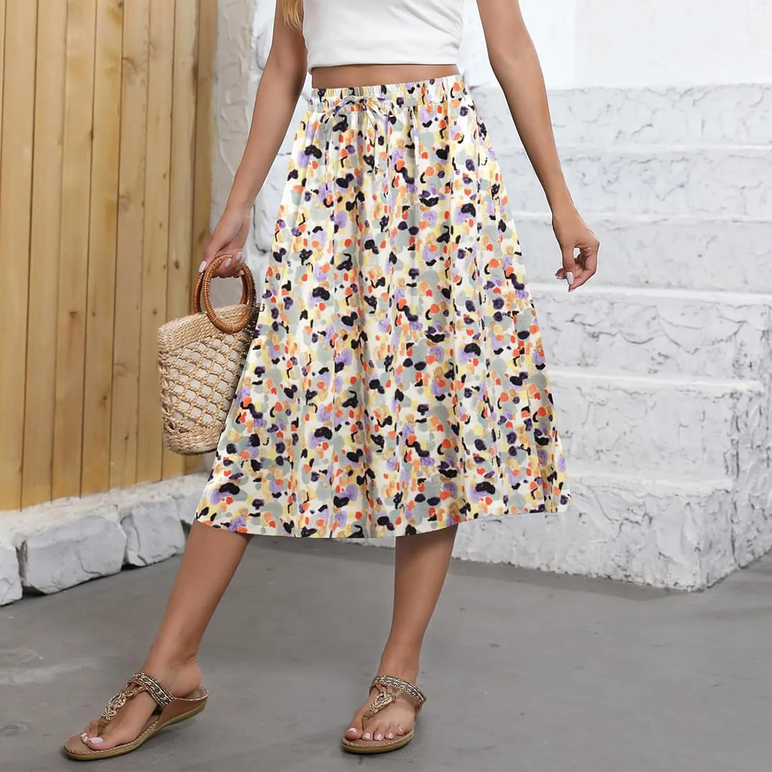 Maxi Skirts for Women Casual Summer Boho High Waisted Floral Skirt Loose Flowy Pleated A-Line Skirt
