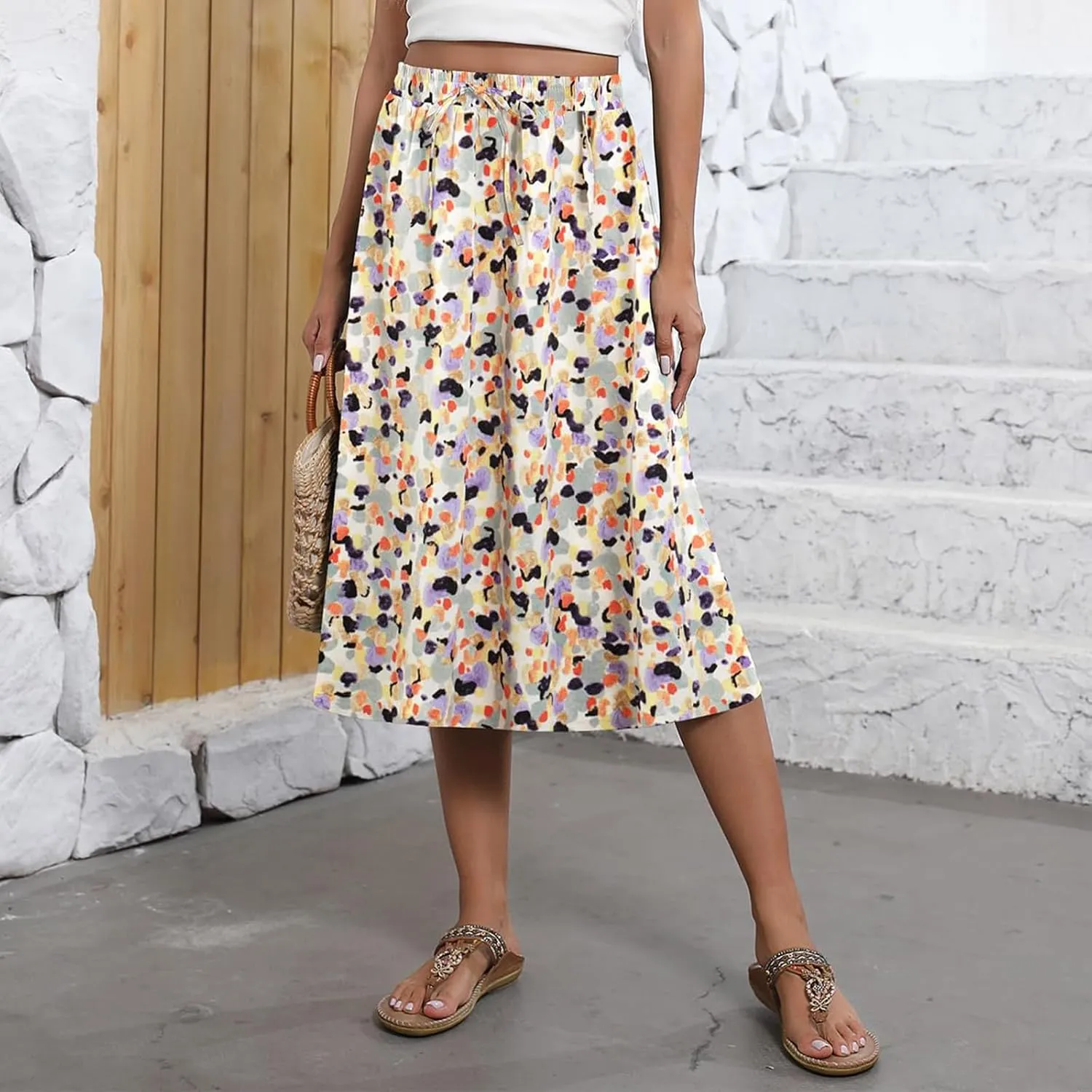 Maxi Skirts for Women Casual Summer Boho High Waisted Floral Skirt Loose Flowy Pleated A-Line Skirt