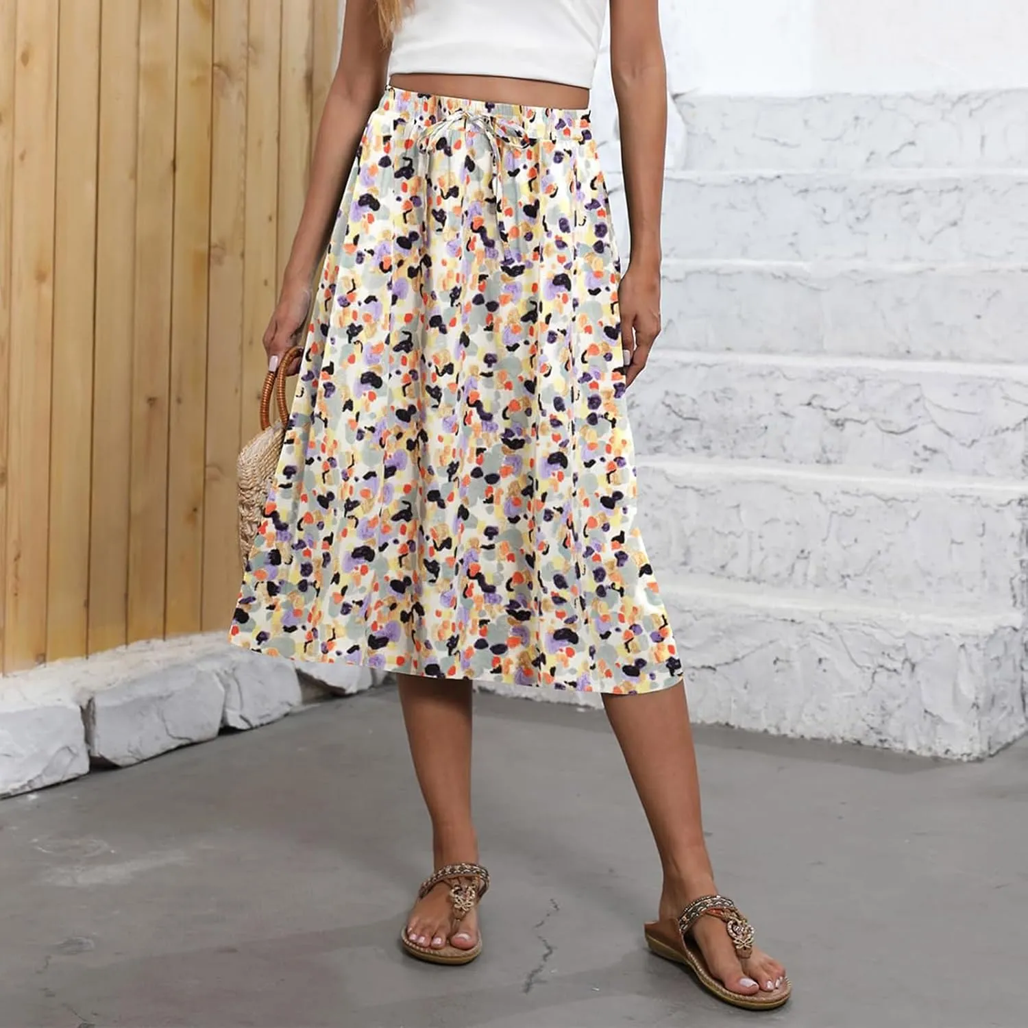 Maxi Skirts for Women Casual Summer Boho High Waisted Floral Skirt Loose Flowy Pleated A-Line Skirt