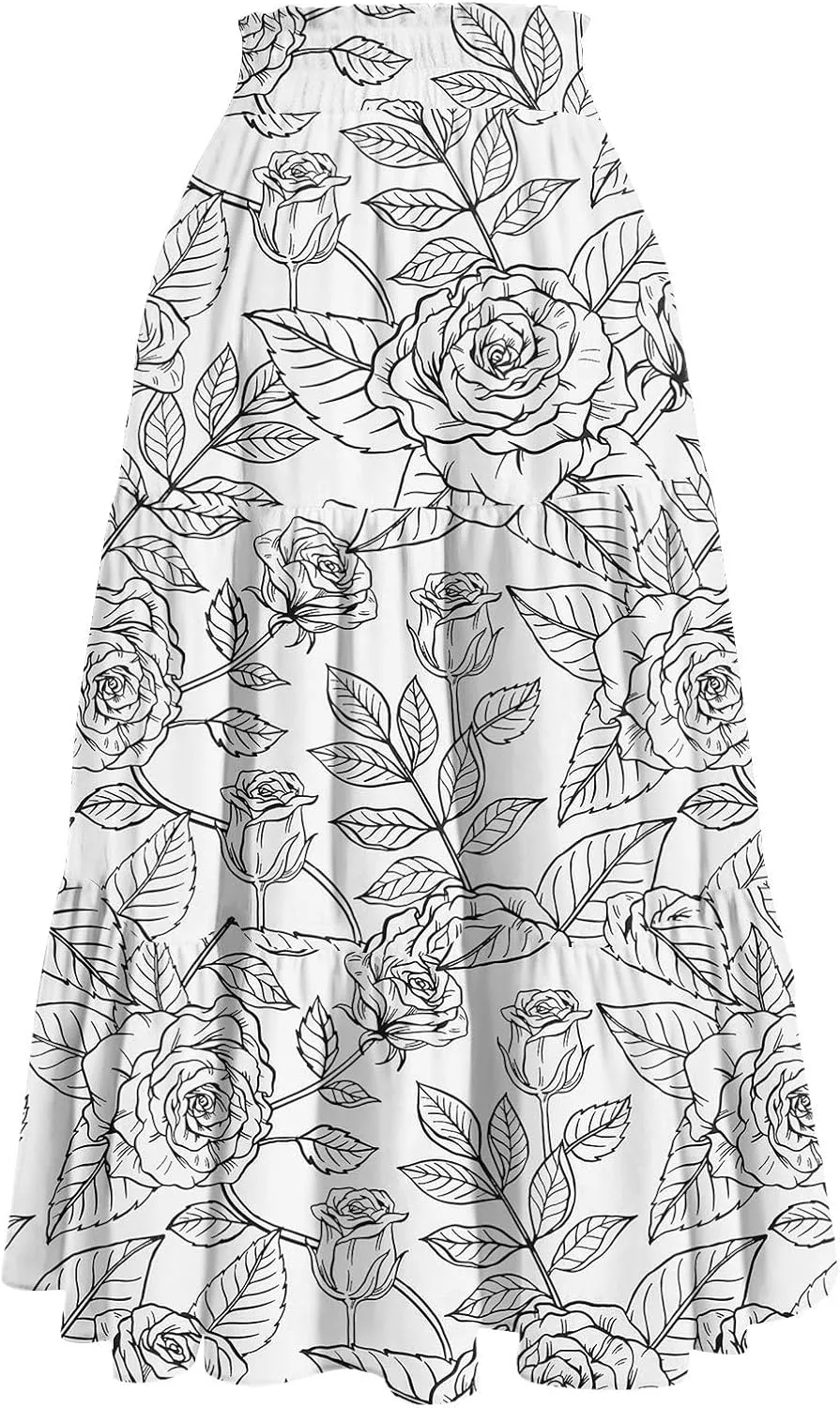 Maxi Skirts for Women Drawstring High Waisted Ruffle Tiered Floral Long Skirts with Pockets Summer Boho Vacation Outfits