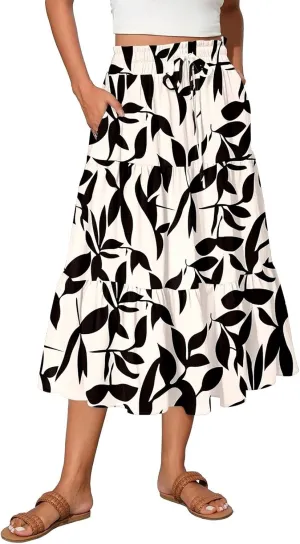 Maxi Skirts for Women Summer Drawstring High Waisted Floral Long Skirts Trendy Ruffle Tiered Cute Midi Skirt with Pockets
