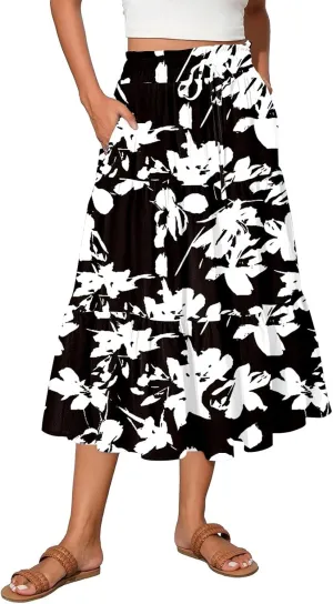 Maxi Skirts for Women Summer Drawstring High Waisted Floral Long Skirts Trendy Ruffle Tiered Cute Midi Skirt with Pockets