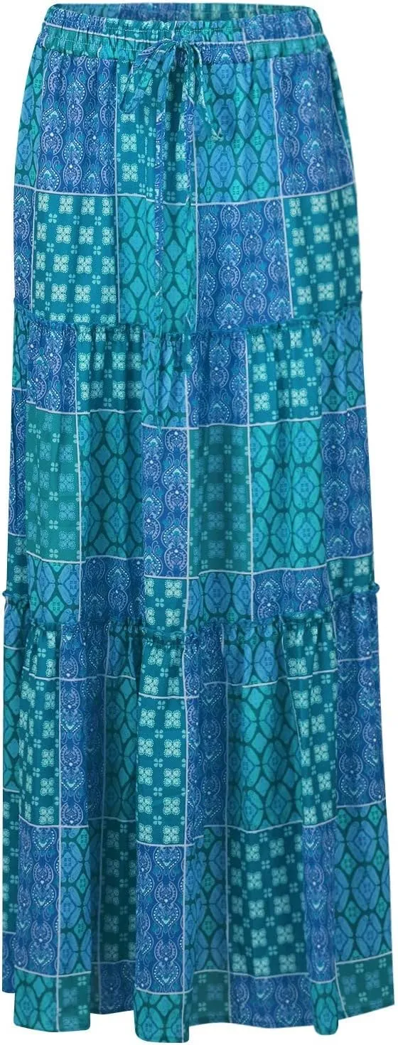 Maxi Skirts for Women Vintage Flower Elastic High Waist Long Skirt Pleated Tiered A-Line Swing Skirts
