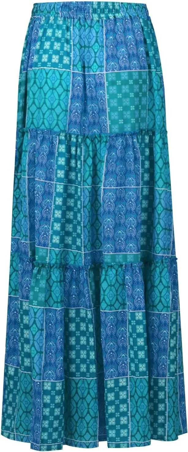 Maxi Skirts for Women Vintage Flower Elastic High Waist Long Skirt Pleated Tiered A-Line Swing Skirts