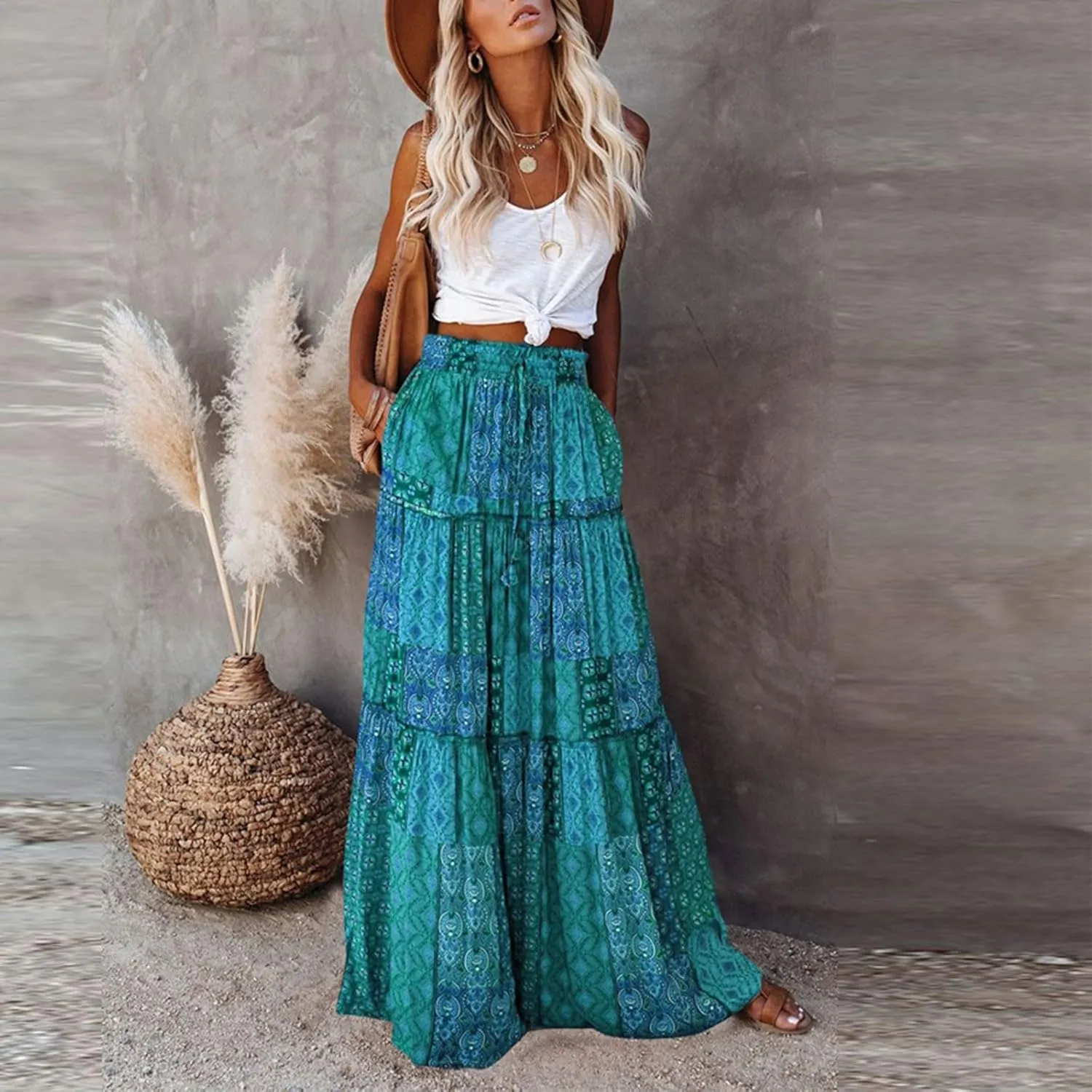 Maxi Skirts for Women Vintage Flower Elastic High Waist Long Skirt Pleated Tiered A-Line Swing Skirts