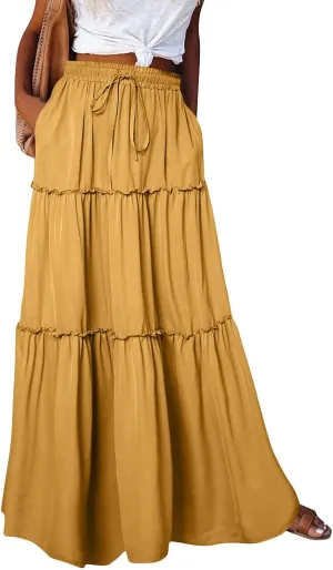 Maxi Skirts for Women Vintage Flower Elastic High Waist Long Skirt Pleated Tiered A-Line Swing Skirts