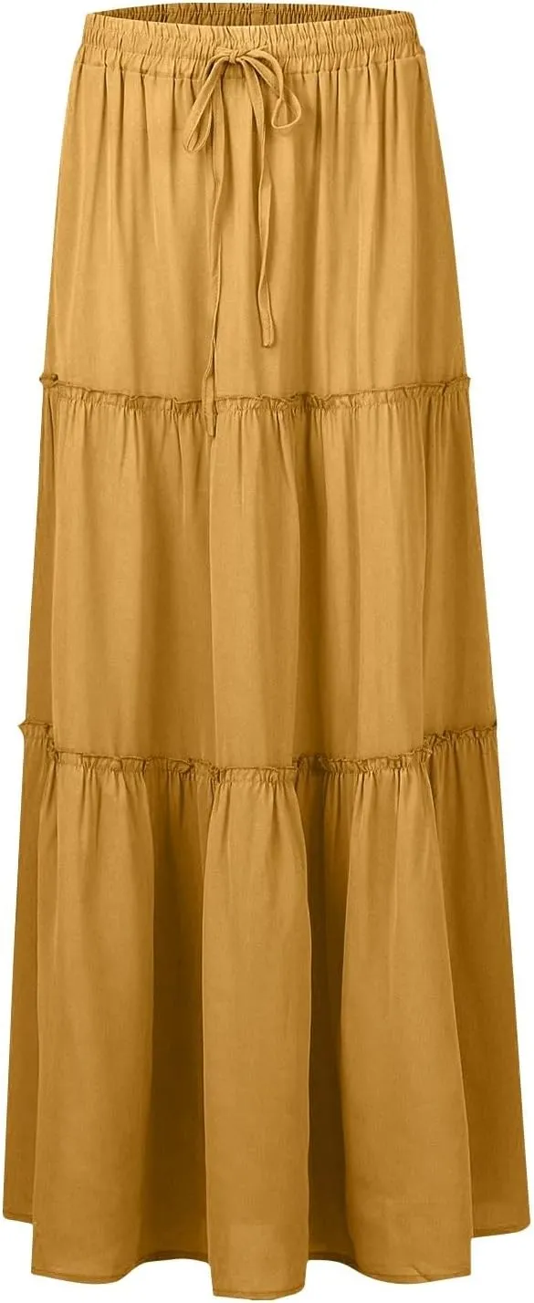 Maxi Skirts for Women Vintage Flower Elastic High Waist Long Skirt Pleated Tiered A-Line Swing Skirts