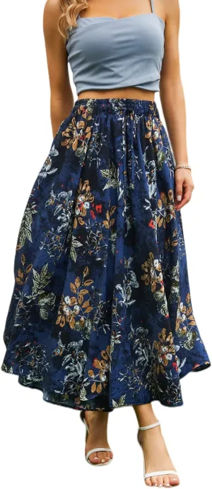 Maxi Skirts for Women with Pockets Blue Floral