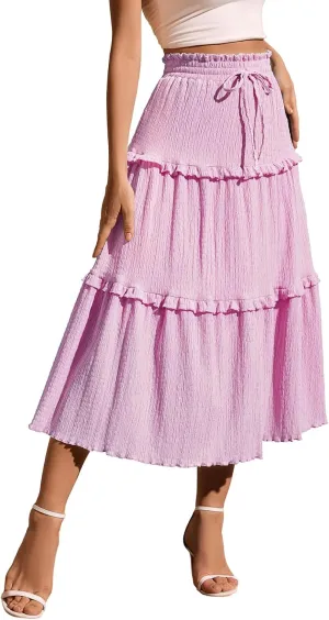 Meetjen Women's Summer Flowy Boho Midi Tiered Ruffle Skirt Elastic High Waist Casual Beach A Line Trendy Long Skirts