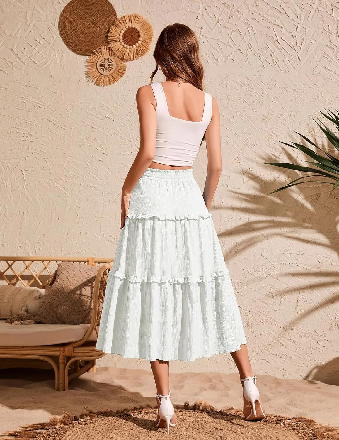 Meetjen Women's Summer Flowy Boho Midi Tiered Ruffle Skirt Elastic High Waist Casual Beach A Line Trendy Long Skirts