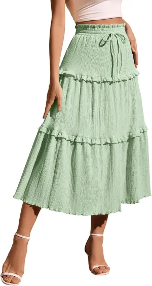 Meetjen Women's Summer Flowy Boho Midi Tiered Ruffle Skirt Elastic High Waist Casual Beach A Line Trendy Long Skirts