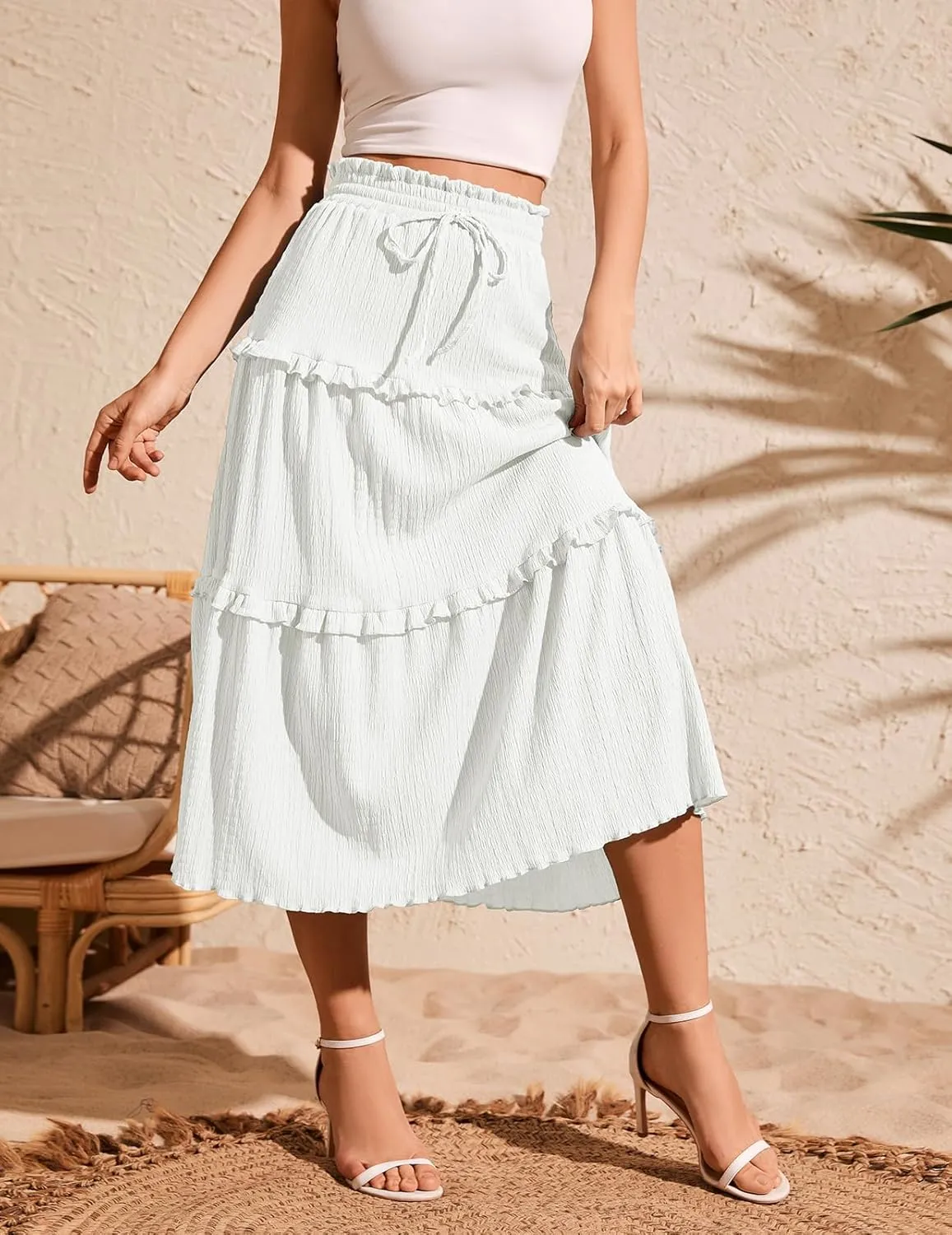 Meetjen Women's Summer Flowy Boho Midi Tiered Ruffle Skirt Elastic High Waist Casual Beach A Line Trendy Long Skirts