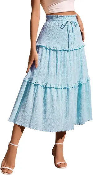 Meetjen Women's Summer Flowy Boho Midi Tiered Ruffle Skirt Elastic High Waist Casual Beach A Line Trendy Long Skirts