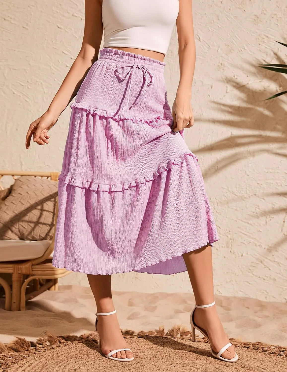 Meetjen Women's Summer Flowy Boho Midi Tiered Ruffle Skirt Elastic High Waist Casual Beach A Line Trendy Long Skirts
