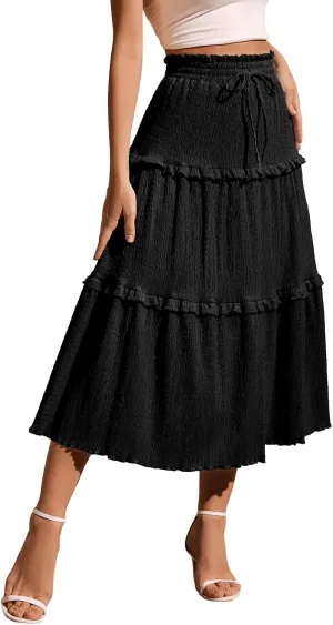 Meetjen Women's Summer Flowy Boho Midi Tiered Ruffle Skirt Elastic High Waist Casual Beach A Line Trendy Long Skirts