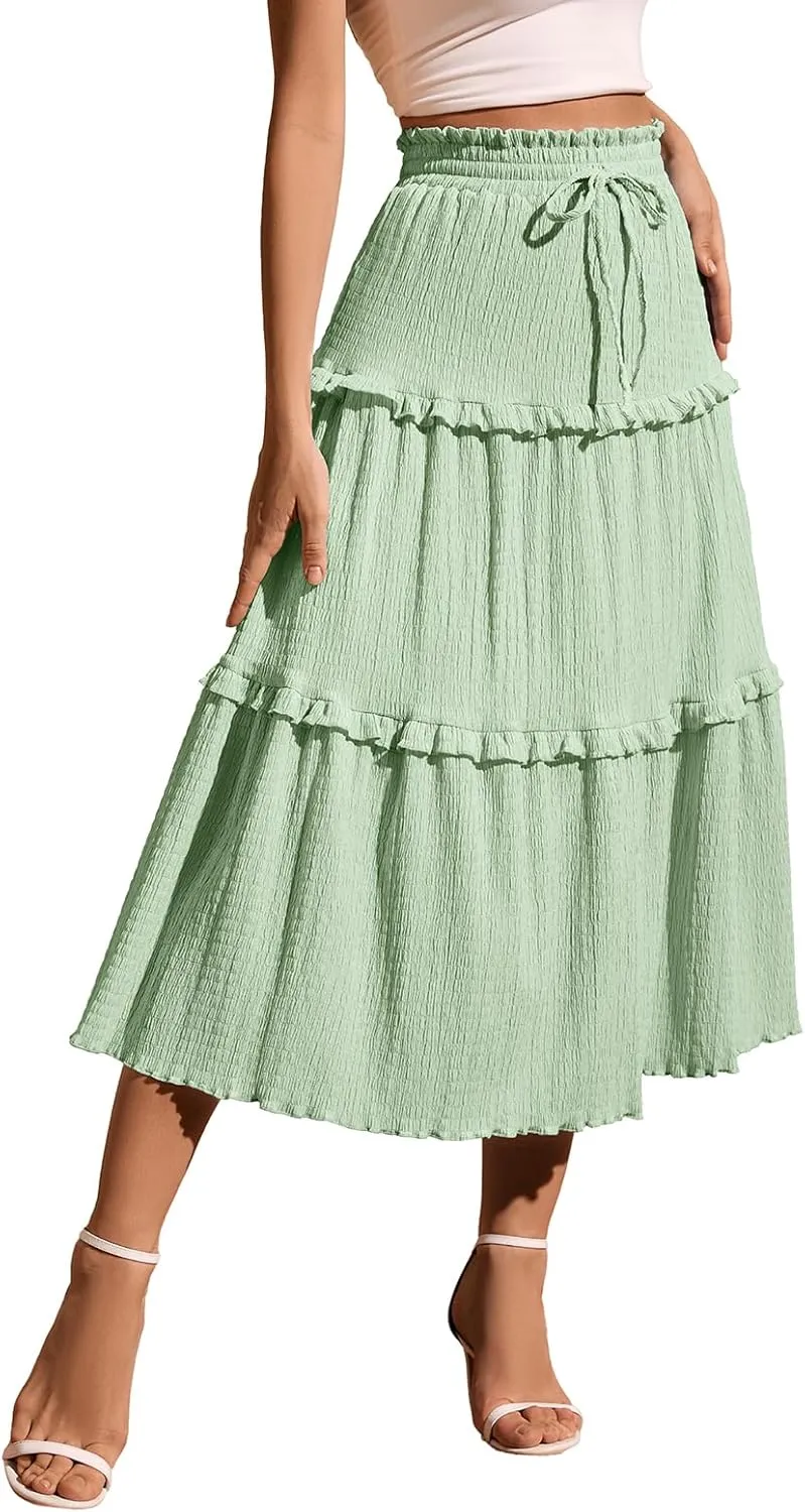 Meetjen Women's Summer Flowy Boho Midi Tiered Ruffle Skirt Elastic High Waist Casual Beach A Line Trendy Long Skirts