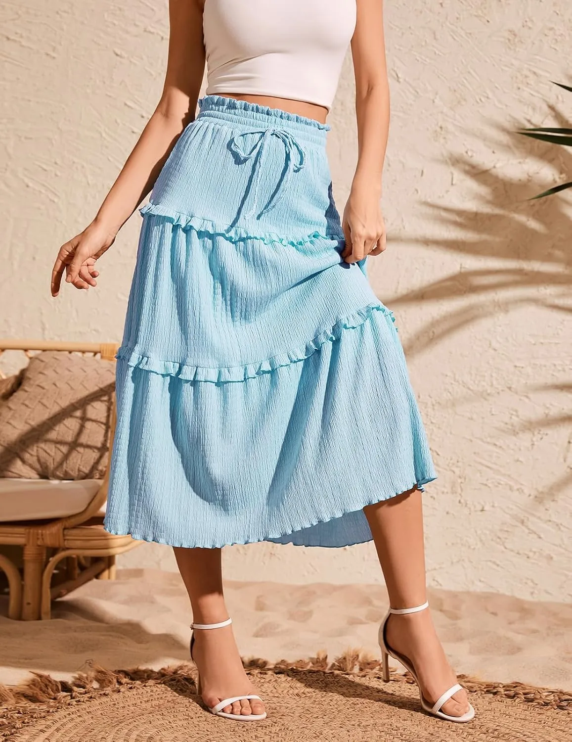 Meetjen Women's Summer Flowy Boho Midi Tiered Ruffle Skirt Elastic High Waist Casual Beach A Line Trendy Long Skirts