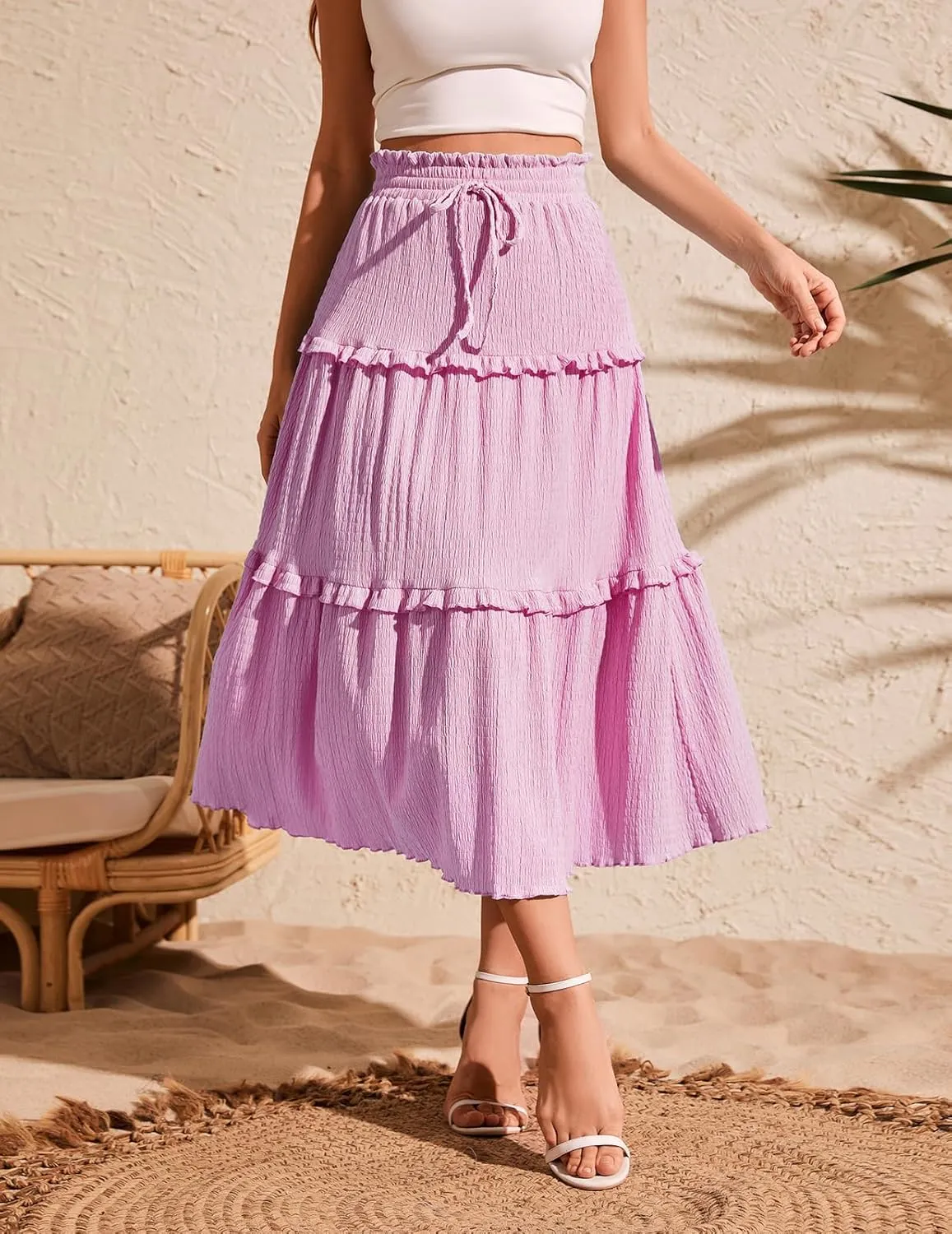 Meetjen Women's Summer Flowy Boho Midi Tiered Ruffle Skirt Elastic High Waist Casual Beach A Line Trendy Long Skirts