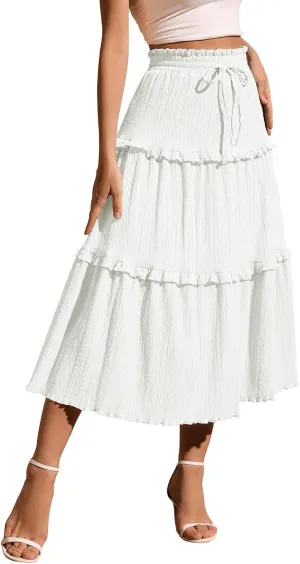 Meetjen Women's Summer Flowy Boho Midi Tiered Ruffle Skirt Elastic High Waist Casual Beach A Line Trendy Long Skirts