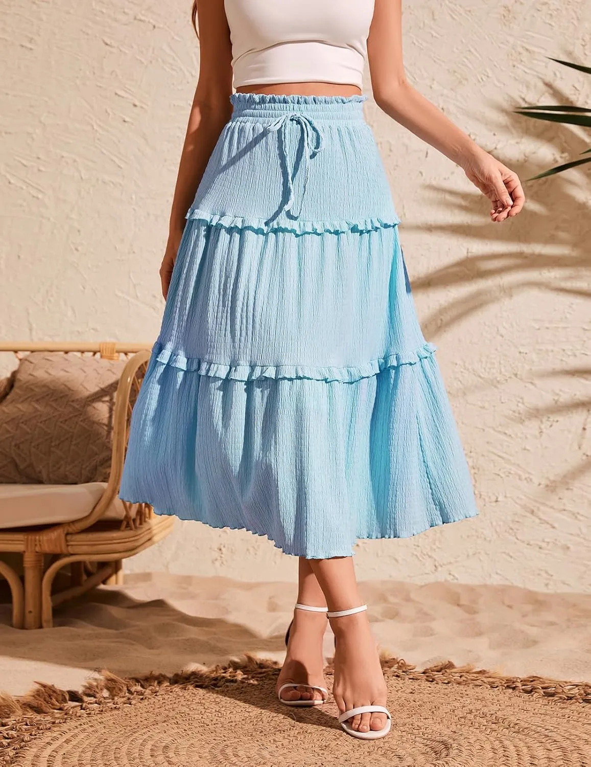Meetjen Women's Summer Flowy Boho Midi Tiered Ruffle Skirt Elastic High Waist Casual Beach A Line Trendy Long Skirts