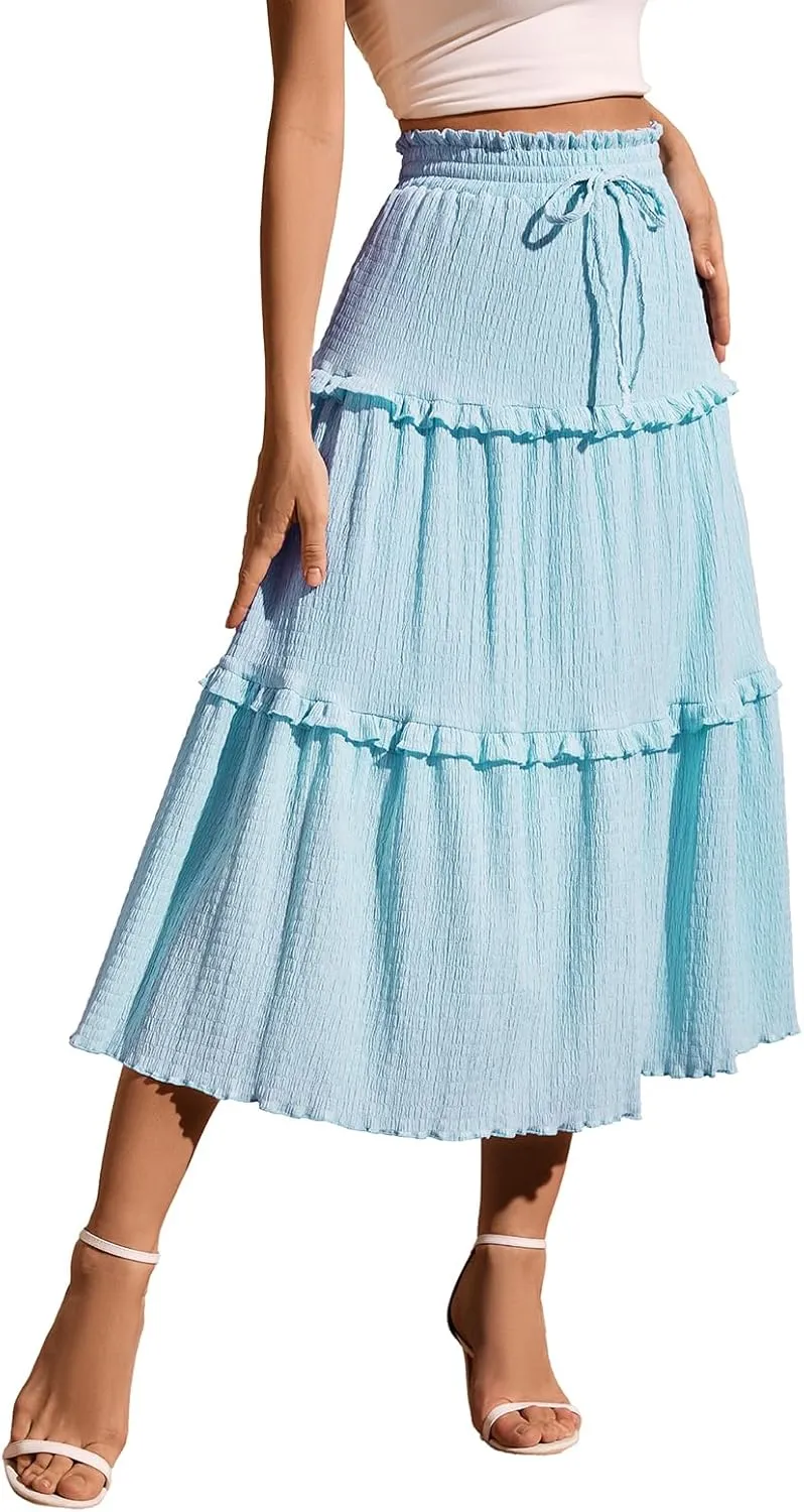 Meetjen Women's Summer Flowy Boho Midi Tiered Ruffle Skirt Elastic High Waist Casual Beach A Line Trendy Long Skirts