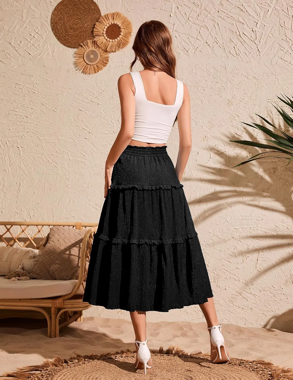 Meetjen Women's Summer Flowy Boho Midi Tiered Ruffle Skirt Elastic High Waist Casual Beach A Line Trendy Long Skirts