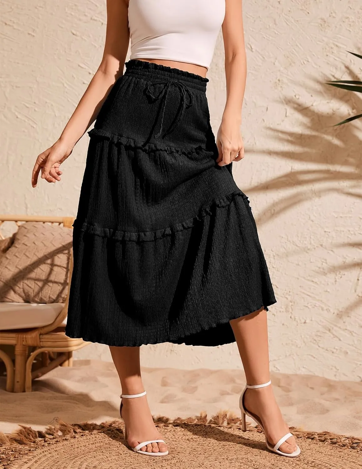 Meetjen Women's Summer Flowy Boho Midi Tiered Ruffle Skirt Elastic High Waist Casual Beach A Line Trendy Long Skirts