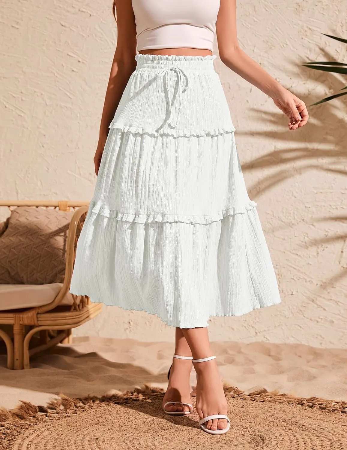 Meetjen Women's Summer Flowy Boho Midi Tiered Ruffle Skirt Elastic High Waist Casual Beach A Line Trendy Long Skirts