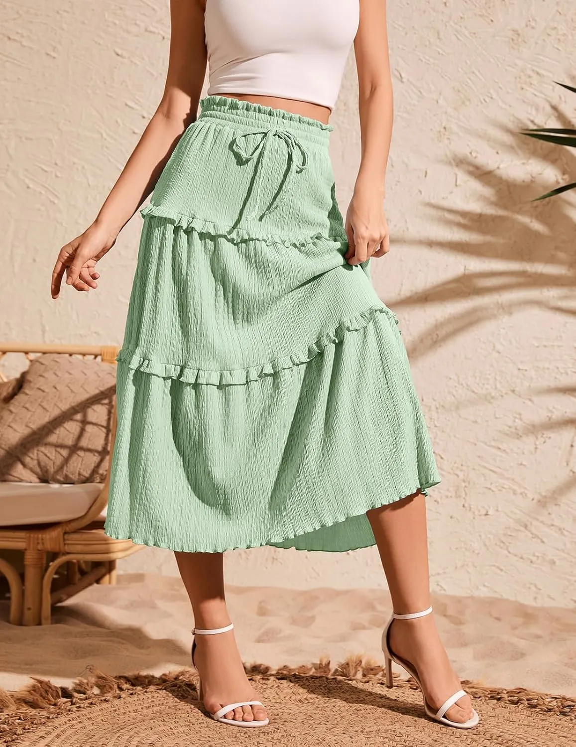 Meetjen Women's Summer Flowy Boho Midi Tiered Ruffle Skirt Elastic High Waist Casual Beach A Line Trendy Long Skirts