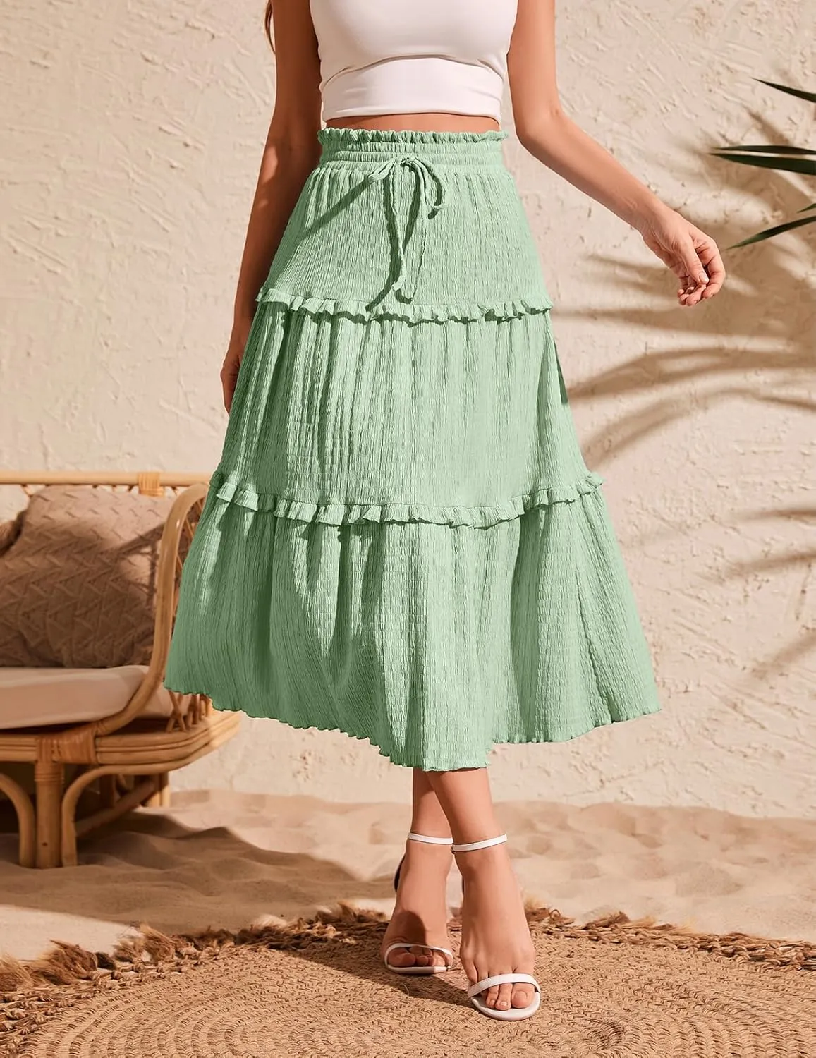 Meetjen Women's Summer Flowy Boho Midi Tiered Ruffle Skirt Elastic High Waist Casual Beach A Line Trendy Long Skirts