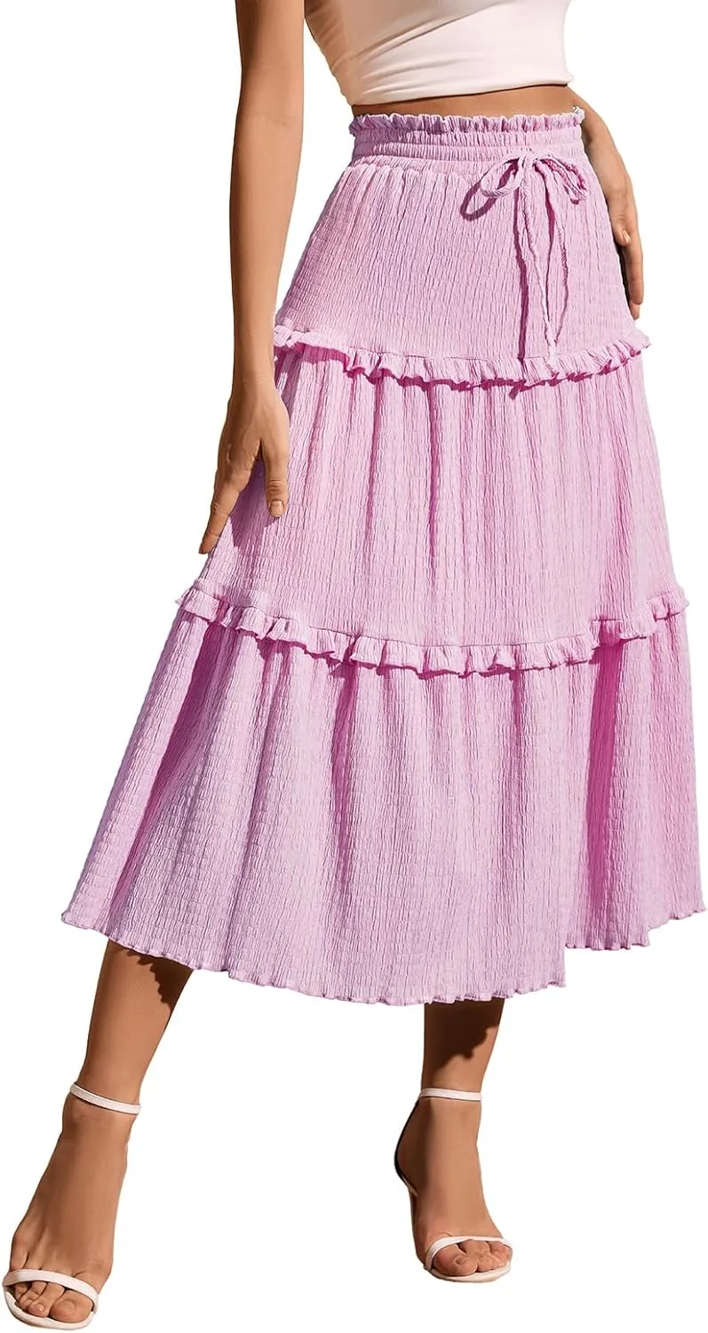 Meetjen Women's Summer Flowy Boho Midi Tiered Ruffle Skirt Elastic High Waist Casual Beach A Line Trendy Long Skirts