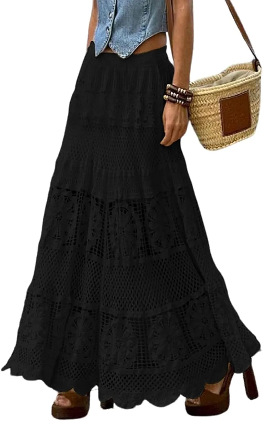 Melliflo Womens Western Vintage Floral Lace Boho Maxi Skirt Eyelet Flowy A Line Crochet Knit Hippie Long Skirt
