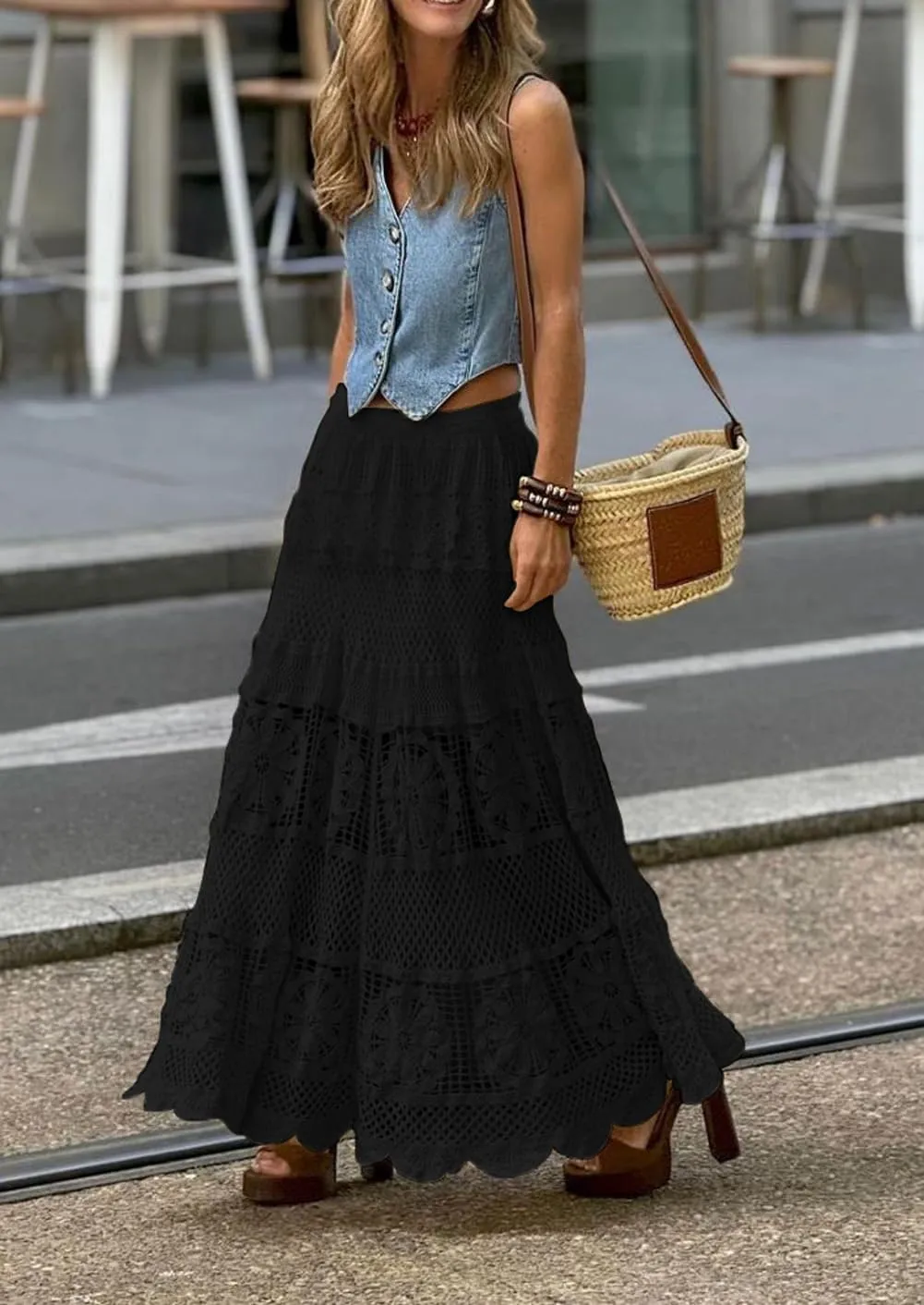 Melliflo Womens Western Vintage Floral Lace Boho Maxi Skirt Eyelet Flowy A Line Crochet Knit Hippie Long Skirt
