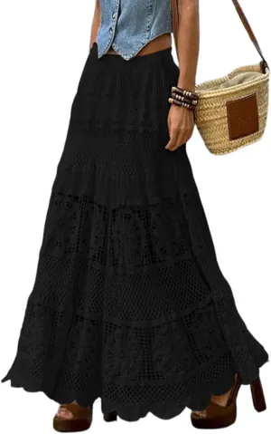 Melliflo Womens Western Vintage Floral Lace Boho Maxi Skirt Eyelet Flowy A Line Crochet Knit Hippie Long Skirt