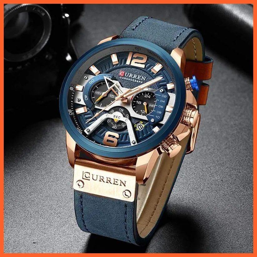 Men'S Casual Sport Watches | Blue Top Brand Luxury Military Leather Chronograph Wrist Watches